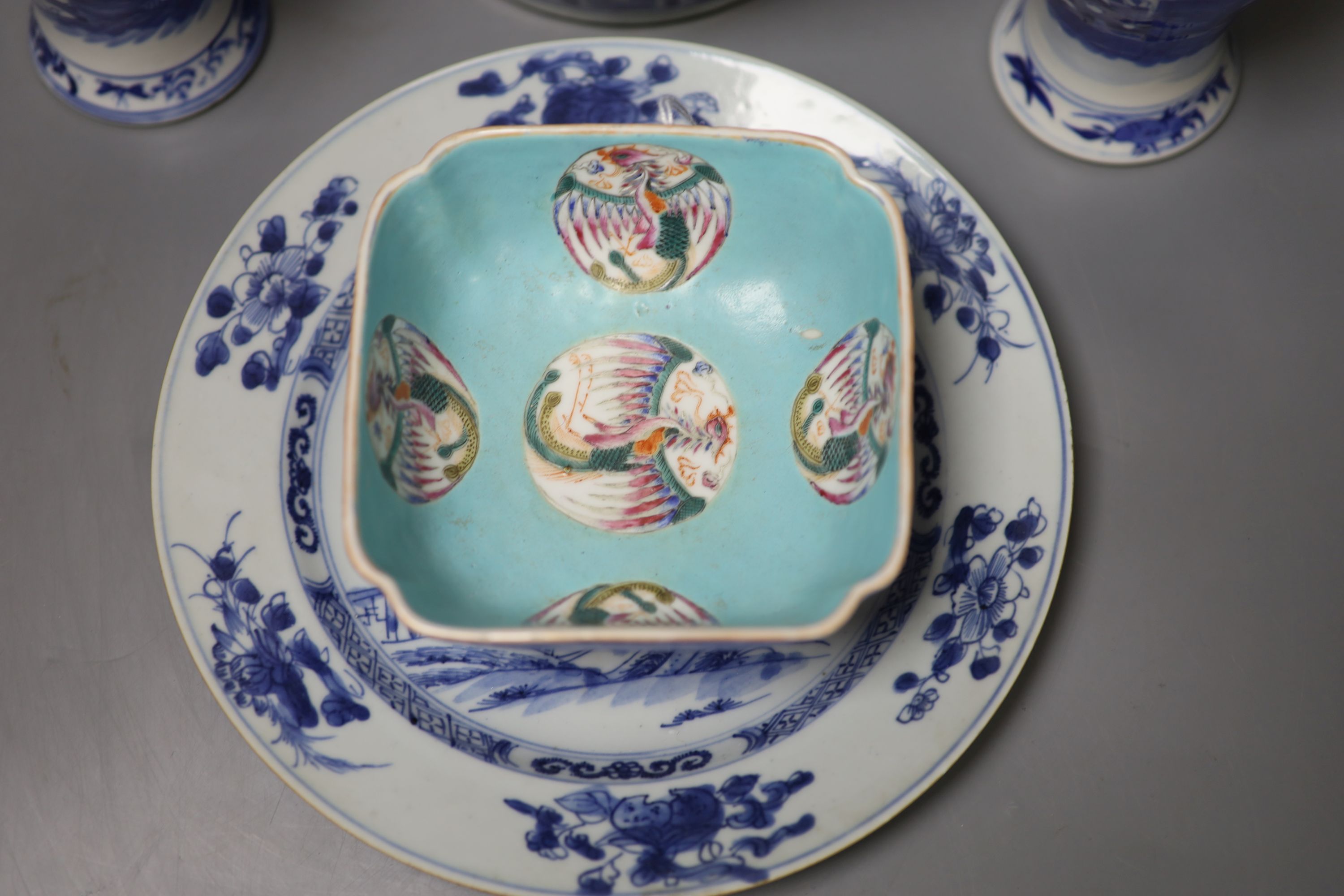 A Chinese vase (cut down), a pair of vases, a blue and white plate and one other item